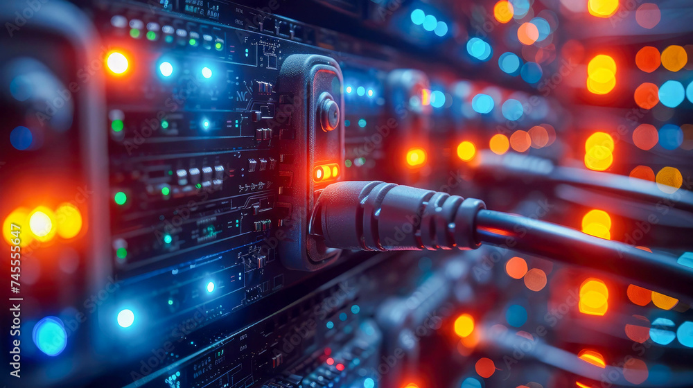 Network switch and ethernet cables in data center. Internet and technology concept Network switch and ethernet cables in data center. Internet and technology concept