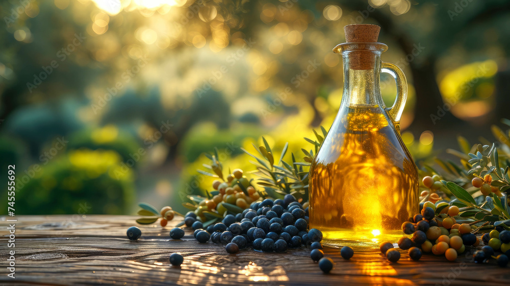 Olive oil in a glass bottle with berries and leaves on a wooden table Olive oil in a glass bottle with berries and leaves on a wooden table