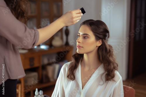 a young female make-up artist is using a hair spray on a young woman