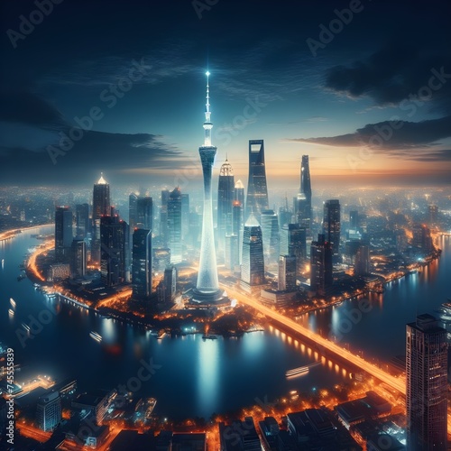 Night view city skyline, city view, high definition, 8k photo showing the development of modern civilization. Generative AI