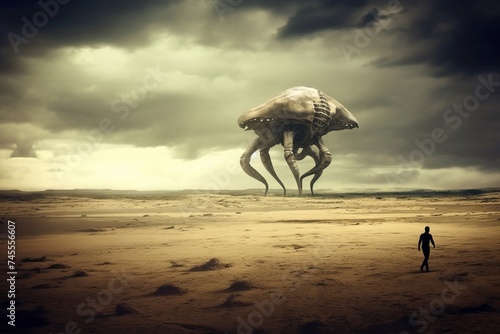 Silhouetted person standing before a giant alien creature in a desolate desert landscape under a stormy sky