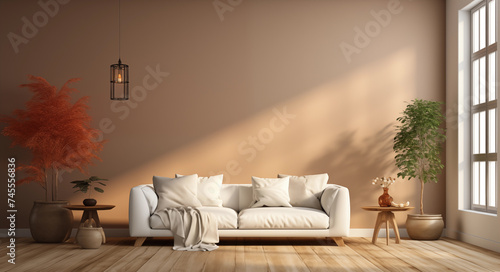 modern interior design for poster frames in living room with white sofa and large window on the side