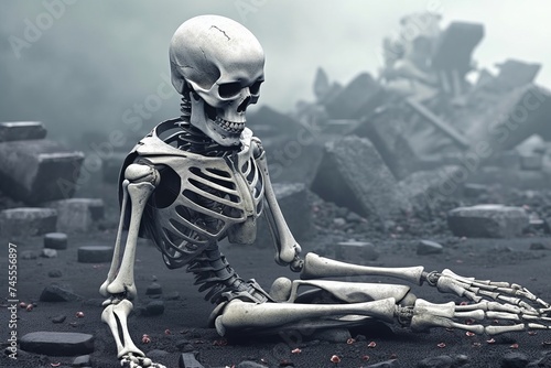 Human skeleton reclining on a desolate, foggy terrain with ruins and scattered debris. Concept: death of humanity