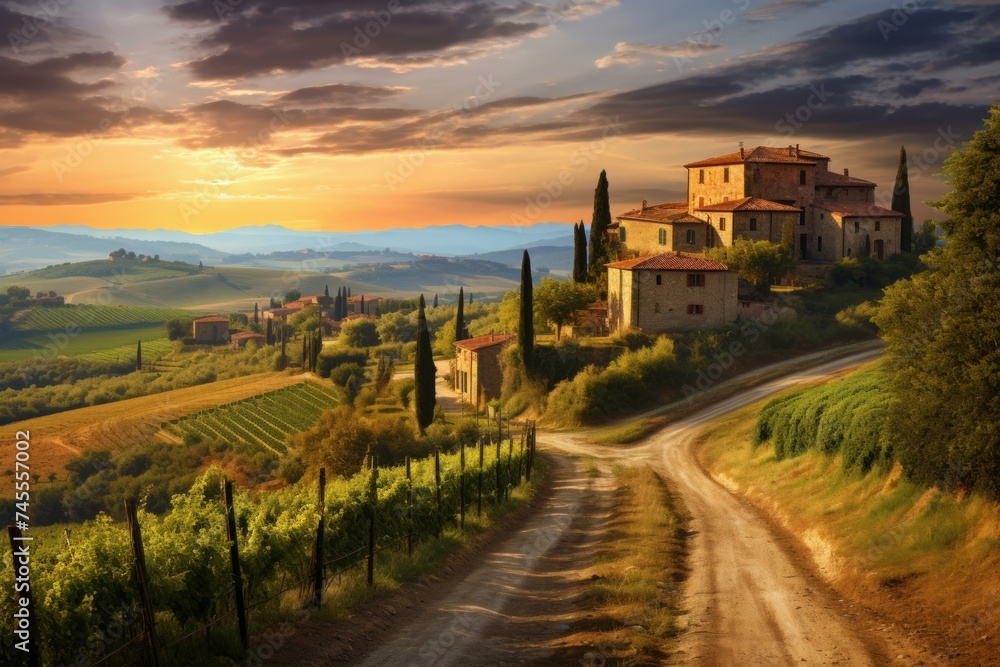 Landscape of tuscany winery. Nature wine country sunset view. Generate AI