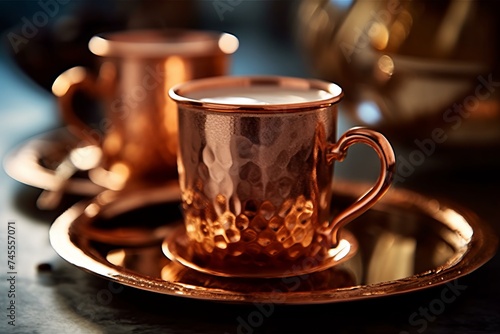 Close-up of steaming coffee in an ornate copper cup and saucer  with a hint of bokeh