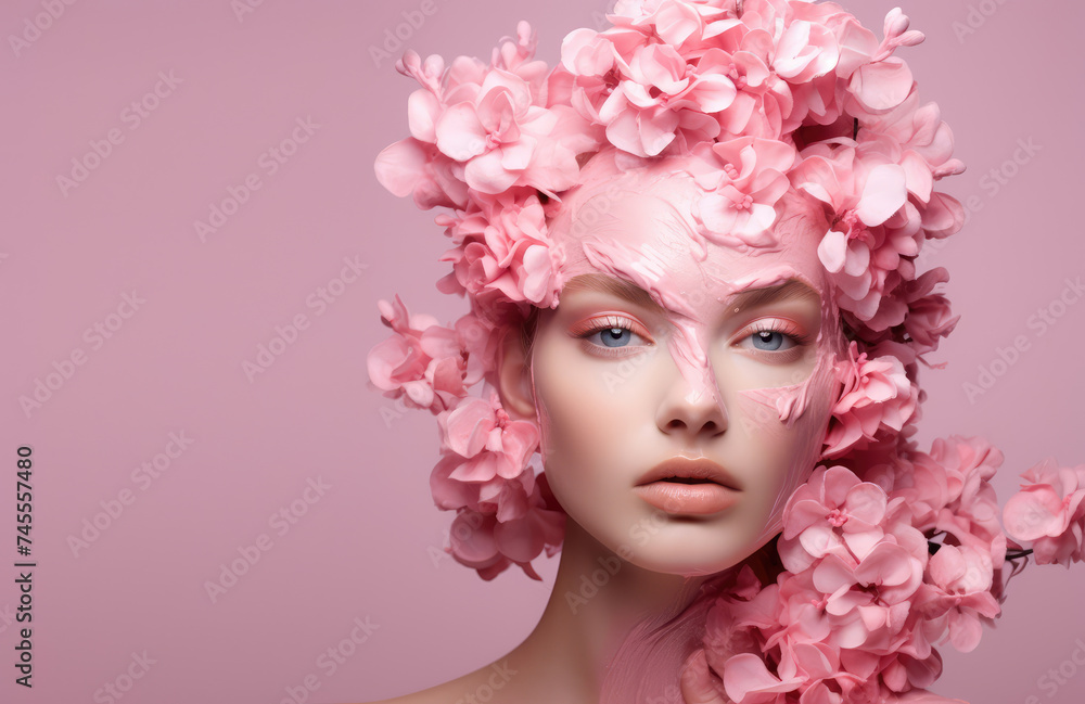 Portrait of a beautiful woman surrended by pink flowers on a pink background.  Concept of cosmetics, skin care, beauty, anti aging, plastic surgery, make-up. Copy space for text, advertising