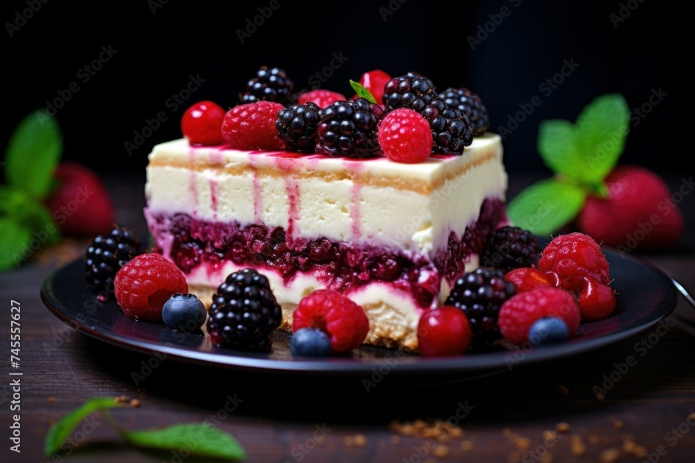 Decadent Piece cheesecake berry. Vanilla creamy dish. Generate Ai Decadent Piece cheesecake berry. Vanilla creamy dish. Generate Ai
