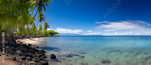 Atranquiltropicalbeachwithclearwaters,palmtrees,anddistantmountains.