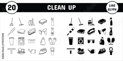 Clean up Line Glyph Vector Illustration Icon Sticker Set Design Materials