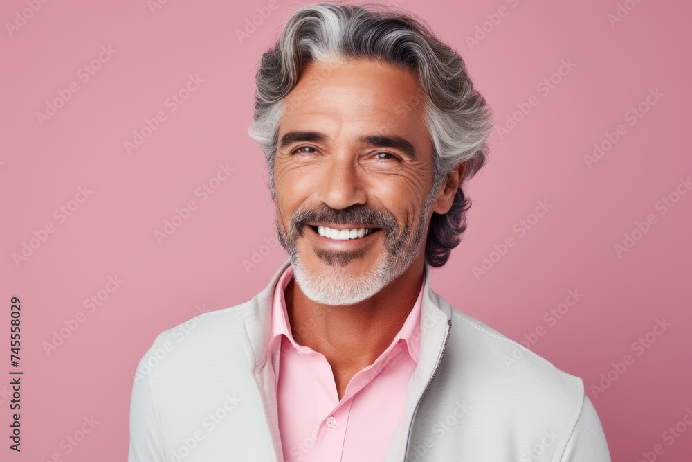 Handsome mature man looking at camera and smiling while standing against pink background