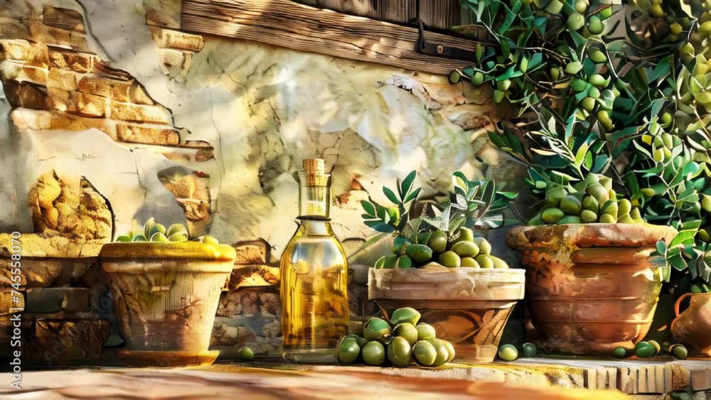 A bottle of olive oil and olives in a rural Mediterranean setup A bottle of olive oil and olives in a rural Mediterranean setup