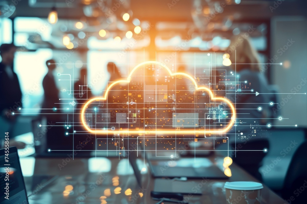 A strategy meeting in a coworking space, focused on cloud computing innovations in finance and forex A strategy meeting in a coworking space, focused on cloud computing innovations in finance and forex
