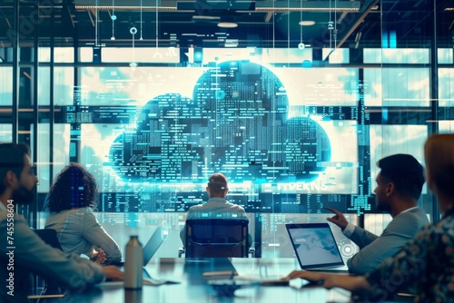 A strategy meeting in a coworking space, focused on cloud computing innovations in finance and forex