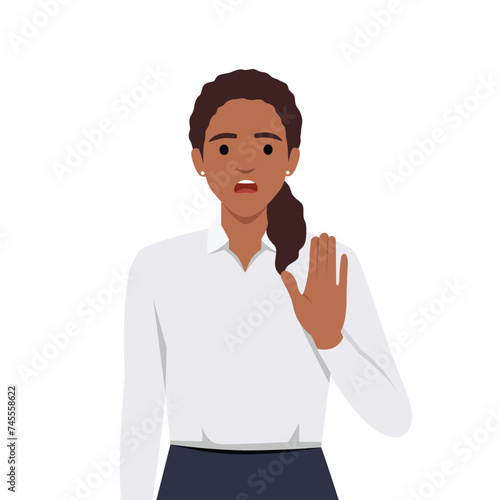 Young female say NO with negative gesture. Concept of rejection refusing denial disagree woman choice, decision.
