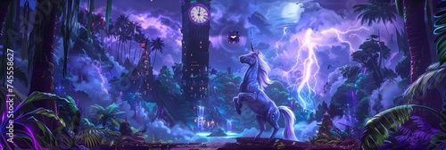 A unicorn solving a puzzle under a clock tower in a rainforest, as a thunderstorm rumbles, adding urgency to the mystical challenge