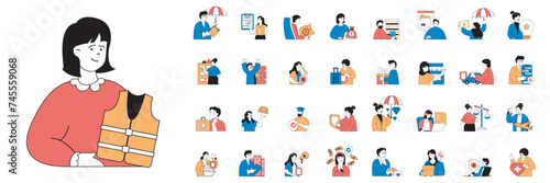 Insurance concept with character situations mega set in flat web design. Bundle of scenes people protecting money, car, house, health and use other insurance safety programs. Vector illustrations.