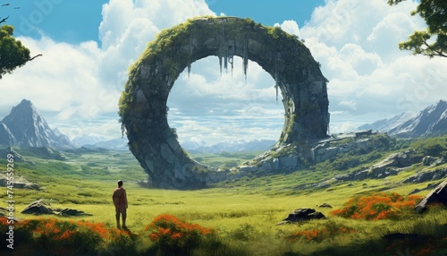 imagination of Man standing and looking at a giant overgrown ring in a lush field
