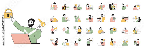 Cyber security concept with character situations mega set in flat web design. Bundle of scenes people saving internet privacy, using password access and fingerprint identity. Vector illustrations.