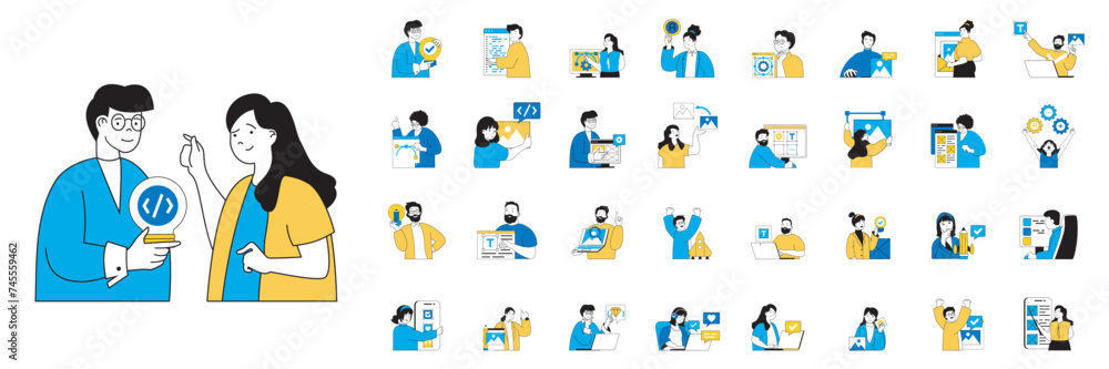 Design development concept with character situations mega set in flat web design. Bundle of scenes people programming software and creating layouts, making digital content. Vector illustrations. Design development concept with character situations mega set in flat web design. Bundle of scenes people programming software and creating layouts, making digital content. Vector illustrations.