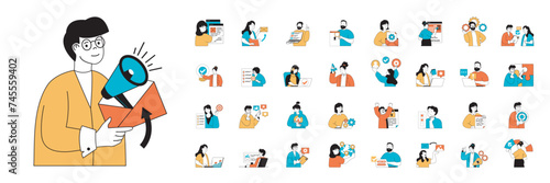 Marketing and development concept with character situations mega set in flat web design. Bundle of scenes people programming and releasing products, making online promotion. Vector illustrations.