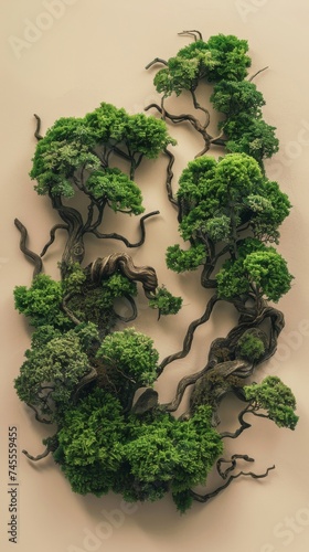 Moss Landscape Border on Beige Background in the Style of Varying Wood Grains - Aerial Illustration Smokey Twisted Branches Like Background created with Generative AI Technology