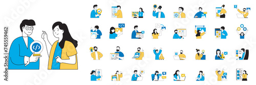 Design development concept with character situations mega set in flat web design. Bundle of scenes people programming software and creating layouts, making digital content. Vector illustrations.
