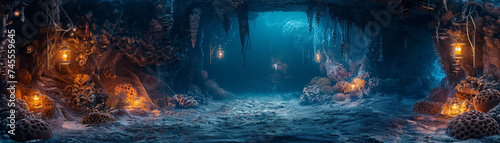 A vampire's lair within a coral cave, lit by bioluminescent steampunk lanterns