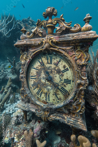 An ancient steampunk clockwork, entwined with dark coral, ticking underwater
