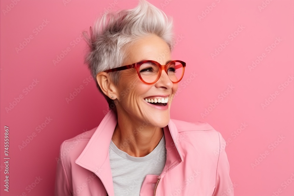 Portrait of a beautiful senior woman in pink jacket and red glasses