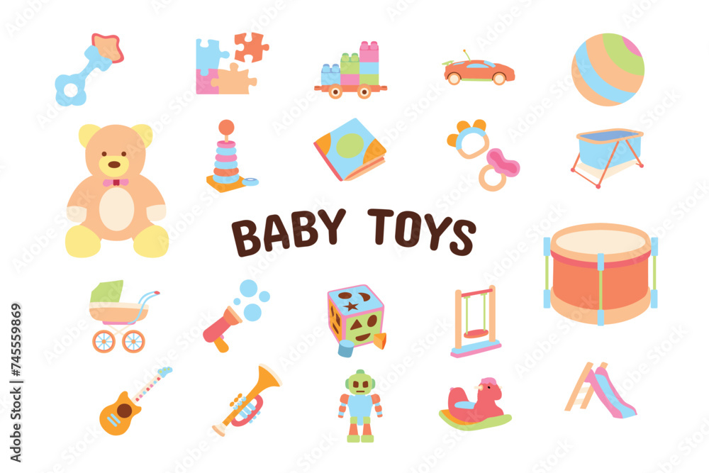 Baby Toys Flat Vector Illustration Icon Sticker Set Design Materials