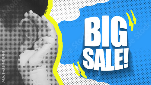 Promotional Big Sale Banner Background Ads, Retro Halftone Style in Blue Background (ID: 745559808)