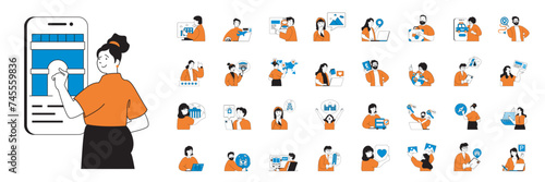 Travel concept with character situations mega set in flat web design. Bundle of scenes people planning trip online, booking tickets, go in vacation with sightseeing excursions. Vector illustrations.