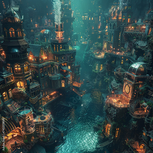 Dark waters revealing a steampunk cityscape, with coral-infused architecture