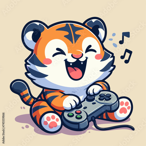 cute and lively cartoon flat design depicting a laughing tiger enjoying gaming with a game controller in an animal-tech theme