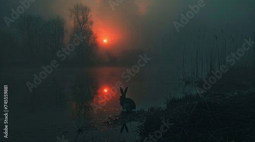 Eerie rabbit reflection in a lake of dark molten chocolate, under a night sky