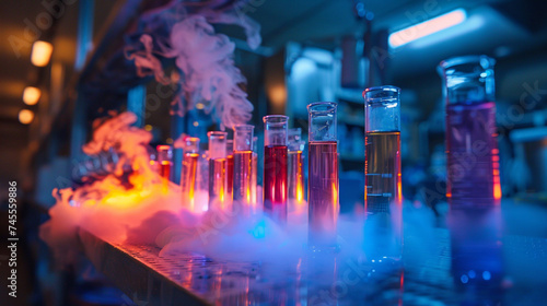 Eerie glow of chemical reactions in a lab, with no one there to witness