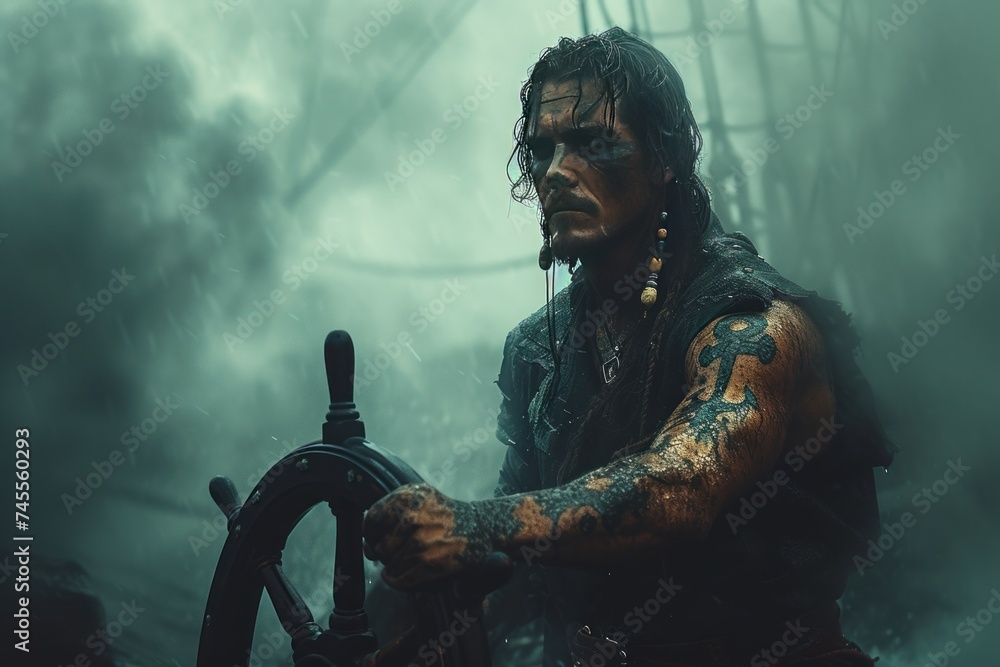 Pirate with tattoos at the helm of a ship in a storm