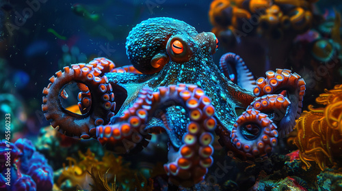 Steampunk octopus lurking in a dark coral reef, eyes glowing red