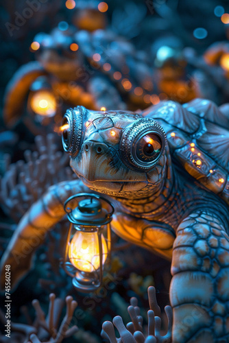 Steampunk sea turtles with lanterns, guiding through dark, vampire coral forests