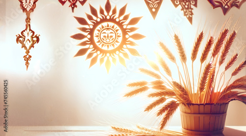 Sunshine through a Wheat Sheaf on a Rustic Background - Warm Tones, Slavic Festivity Theme, Perfect for Cultural Event Promotion and Seasonal Decor