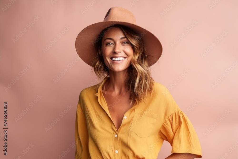 Portrait of a happy young woman in hat on pink background. Portrait of a happy young woman in hat on pink background.