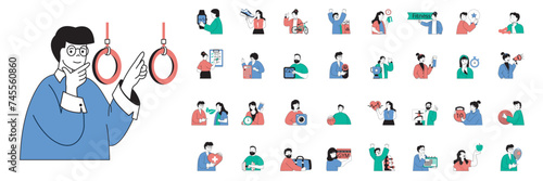 Fitness concept with character situations mega set in flat web design. Bundle of scenes people running, cycling, dieting, doing cardio and gymnastics exercising, training at gym. Vector illustrations.
