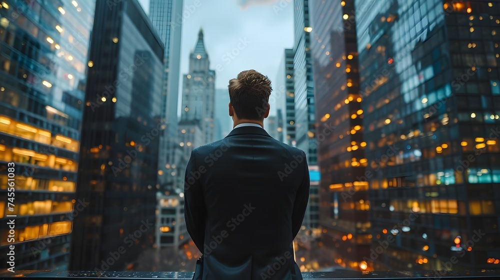 Young business man looks out at the future of his career in the city - obrazy, fototapety, plakaty 