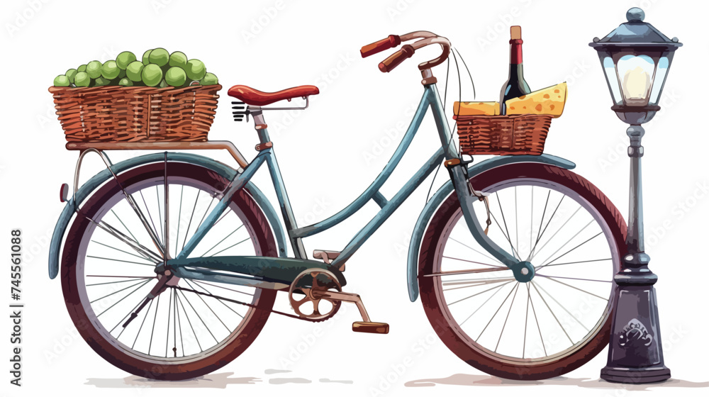 Vintage Bike With Wine and Cheese on Streetlight Isolated