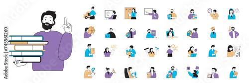 School learning concept with character situations mega set in flat web design. Bundle of scenes people studying lessons and doing homework, students get courses and tutorials. Vector illustrations.