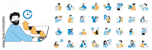 Time management concept with character situations mega set in flat web design. Bundle of scenes people scheduling tasks, making organization of job project, efficiency work time. Vector illustrations.