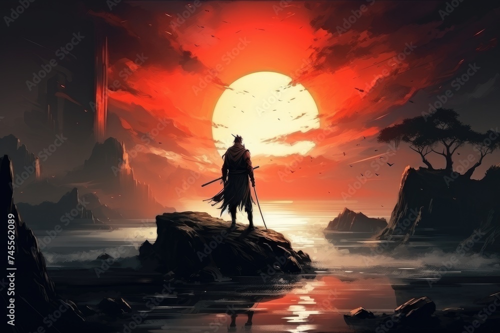 scene of samurai with fire sword standing scene of samurai with fire sword standing