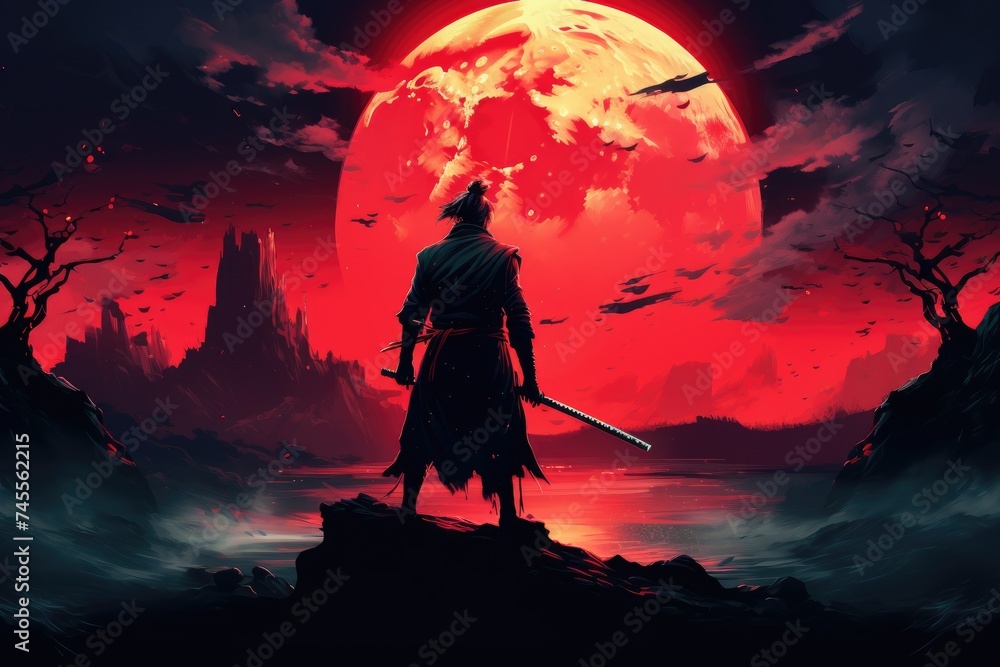 scene of samurai with fire sword standing scene of samurai with fire sword standing