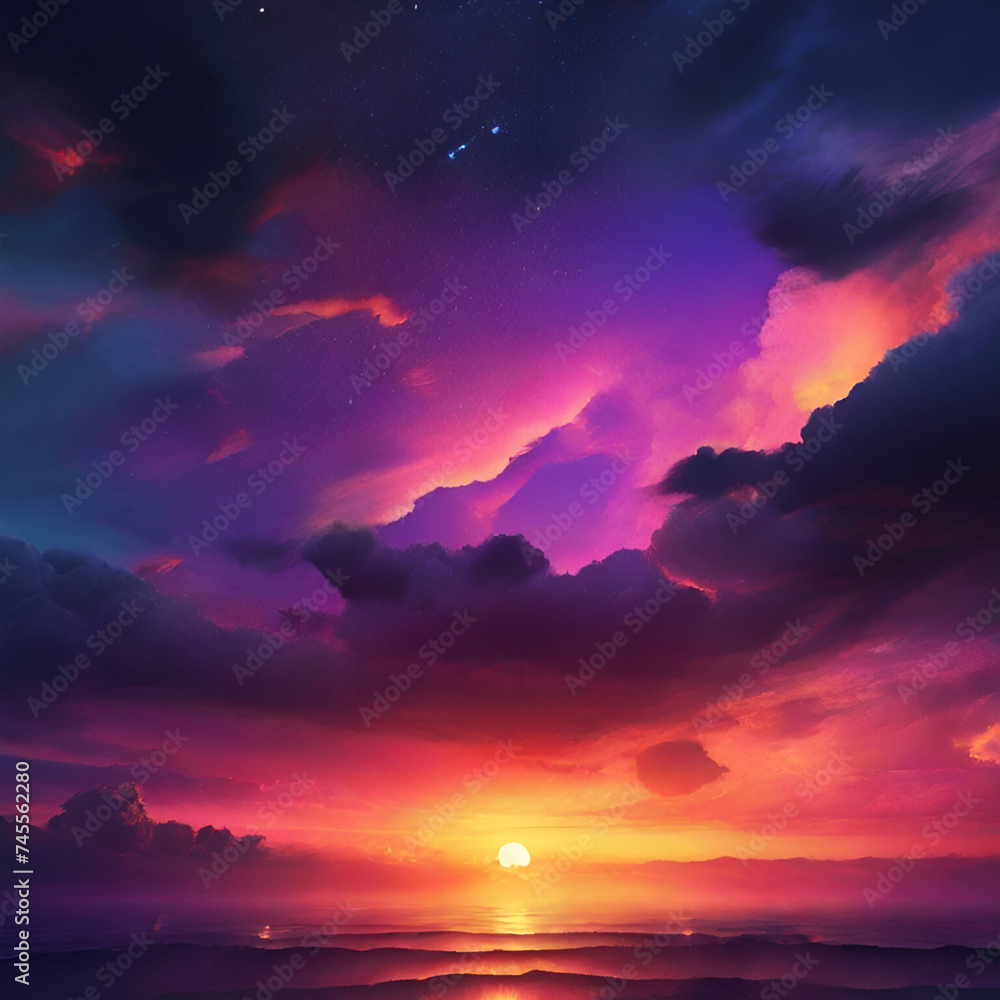 Fototapeta premium Beautiful sky sunset background watercolor