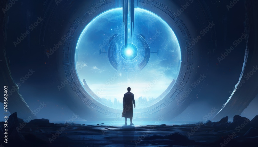 sci-fi concept showing a man standing at the futuristic portal sci-fi concept showing a man standing at the futuristic portal